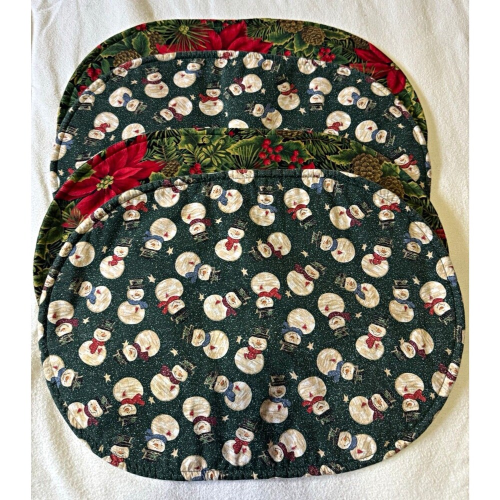 Set of 4 Reversible Christmas Placemats Snowmen Poinsettias Oval 17x14